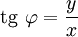\operatorname {tg}\ \varphi = \frac {y} {x} 