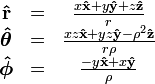 \begin{matrix}
    \mathbf{\hat r}         &amp;amp; = &amp;amp; \frac{x\mathbf{\hat x}+y\mathbf{\hat y}+z\mathbf{\hat z}}{r} \\
    \boldsymbol{\hat\theta} &amp;amp; = &amp;amp; \frac{xz\mathbf{\hat x}+yz\mathbf{\hat y}-\rho^2\mathbf{\hat z}}{r \rho} \\
    \boldsymbol{\hat\phi}   &amp;amp; = &amp;amp; \frac{-y\mathbf{\hat x}+x\mathbf{\hat y}}{\rho}
    \end{matrix}