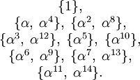 \begin{matrix}
\{1\}, \\
\{\alpha,\;\alpha^4\},\;\{\alpha^2,\;\alpha^8\}, \\
\{\alpha^3,\;\alpha^{12}\},\;\{\alpha^5\},\;\{\alpha^{10}\}, \\
\{\alpha^6,\;\alpha^9\},\;\{\alpha^7,\;\alpha^{13}\}, \\
\{\alpha^{11},\;\alpha^{14}\}.
\end{matrix}