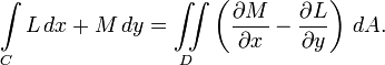 \int\limits_{C} L\, dx + M\, dy = \iint\limits_{D} \left(\frac{\partial M}{\partial x} - \frac{\partial L}{\partial y}\right)\, dA.