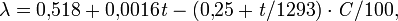 \rm\lambda = 0{,}518 + 0{,}0016 \it {t} - \rm (0{,}25 + \it {t}/\rm {1293})\cdot \it{C}/\rm 100,