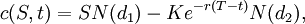  c(S,t) = SN(d_1) - Ke^{-r(T - t)}N(d_2), \, 