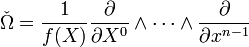 \check{\Omega}=\frac{1}{f(X)}\frac{\partial}{\partial{X^0}}\wedge\cdots\wedge\frac{\partial}{\partial{}{x^{n-1}}}