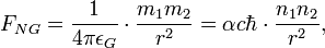 F_{NG} = \frac{1}{4\pi \epsilon_G}\cdot \frac{m_1m_2}{r^2} = \alpha c\hbar\cdot \frac{n_1n_2}{r^2}, \ 