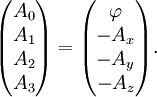 \begin{pmatrix}
A_0 \\ A_1 \\ A_2 \\ A_3
\end{pmatrix} =
\begin{pmatrix}
\varphi \\ -A_x \\ -A_y \\ -A_z
\end{pmatrix}.