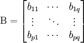 \mathrm{B} = \begin{bmatrix} b_{11} &amp;amp; \cdots &amp;amp; b_{1q} \\ \vdots &amp;amp; \ddots &amp;amp; \vdots \\ b_{p1} &amp;amp; \cdots &amp;amp; b_{pq} \end{bmatrix}