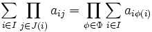 \sum _{i \in I} \prod _{j \in J(i)} a_{ij} = \prod _{\phi \in \Phi} \sum _{i \in I} a_{i \phi (i)}