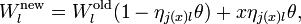 W^{\rm new}_l=W^{\rm old}_l(1- \eta_{j(x)l} \theta)+x\eta_{j(x)l} \theta,