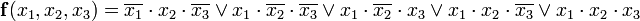 \mathbf{f}({x_1},{x_2},{x_3})=\overline{x_1}\cdot{x_2}\cdot\overline{x_3}\lor{x_1}\cdot\overline{x_2}\cdot\overline{x_3}\lor{x_1}\cdot\overline{x_2}\cdot{x_3}\lor{x_1}\cdot{x_2}\cdot\overline{x_3}\lor{x_1}\cdot{x_2}\cdot{x_3}