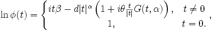 \ln \phi(t) = \left\{
\begin{matrix}
it \beta - d |t|^{\alpha} \left(1 + i\theta \frac{t}{|t|} G(t,\alpha)\right), & t \not= 0 \\
1, & t = 0.
\end{matrix}
\right.,