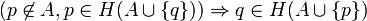 (p \not \in A, p \in H(A \cup \left\{ q \right\}) ) \Rightarrow q \in H(A \cup \left\{ p \right\})