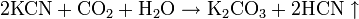 \rm{2KCN} + \rm{CO}_2 + \rm{H_2O} \rightarrow \rm{K_2CO_3} + \rm{2HCN} \uparrow