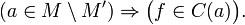 \left(a \in M\setminus M'\right) \Rightarrow \bigl(f\in C(a)\bigr).