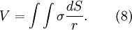 V = \int\int{\sigma \frac{dS}{r}}. \qquad(8)