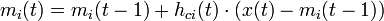 m_i(t)=m_i(t-1)+h_{ci}(t)\cdot(x(t)-m_i(t-1))