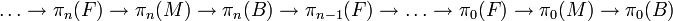 \ldots \to \pi_n(F) \to \pi_n(M) \to \pi_n(B) \to \pi_{n-1}(F) \to \ldots \to \pi_0(F) \to \pi_0(M) \to \pi_0(B)