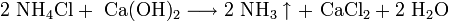 \mathrm{2 \ NH_4Cl + \ Ca(OH)_2 \longrightarrow 2 \ NH_3 \uparrow + \ CaCl_2 + 2 \ H_2O}