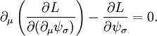  \partial_\mu \left( \frac{\partial L}{\partial ( \partial_\mu \psi_\sigma )} \right) - \frac{\partial L}{\partial \psi_\sigma} = 0. \, 