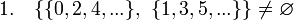 ~ 1. \quad \{\{0,2,4,...\}, \ \{1,3,5,...\}\} \ne \varnothing