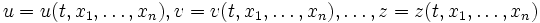 u=u(t, x_1, \dots, x_n), v=v(t, x_1, \dots, x_n), \dots, z=z(t, x_1, \dots, x_n)
