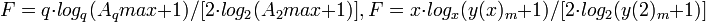 F=q \cdot log_q(A_qmax+1)/[2 \cdot log_2(A_2max+1)], F=x \cdot log_x(y(x)_m+1)/[2 \cdot log_2(y(2)_m+1)]