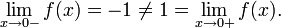 \lim\limits_{x \to 0-}f(x) = -1 \neq 1 = \lim\limits_{x \to 0+}f(x)
.