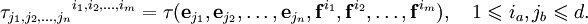 {\tau_{j_1,j_2,\ldots,j_n}}^{i_1,i_2,\ldots,i_m} = \tau(
\mathbf{e}_{j_1},\mathbf{e}_{j_2},\ldots,\mathbf{e}_{j_n},
\mathbf{f}^{i_1},\mathbf{f}^{i_2},\ldots,\mathbf{f}^{i_m}
),\quad 1\leqslant i_a, j_b \leqslant d.