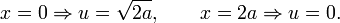 x=0\Rightarrow u=\sqrt{2a},\qquad x=2a\Rightarrow u=0.