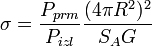\sigma = \frac{P_{prm}}{P_{izl}}\frac{(4\pi R^2)^2}{S_AG}