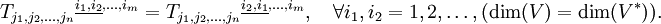{T_{j_1,j_2,\ldots,j_n}}^{\underline{i_1,i_2},\ldots,i_m} = {T_{j_1,j_2,\ldots,j_n}}^{\underline{i_2,i_1},\ldots,i_m},\quad \forall i_1,i_2 = 1,2,\ldots,(\dim(V)=\dim(V^*)).