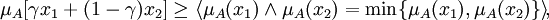 \mu_A[\gamma x_1 +(1 - \gamma)x_2] \geq \langle\mu_A(x_1)\land \mu_A(x_2) = \min\{\mu_A(x_1), \mu_A(x_2)\}\rangle\!,