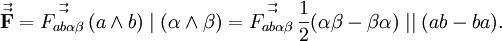 \vec{\vec{\textbf{F}}} = \vec{\vec{F_{ab\alpha\beta}}}\, (a \wedge b) \mid (\alpha \wedge \beta) = \vec{\vec{F_{ab\alpha\beta}}}\,\frac{1}{2}(\alpha\beta - \beta\alpha)\mid\mid(ab-ba).