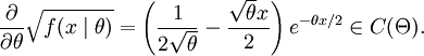 \frac{\partial}{\partial \theta}\sqrt{f(x\mid \theta)} = \left(\frac{1}{2\sqrt{\theta}} - \frac{\sqrt{\theta}x}{2}\right) e^{-\theta x/2} \in C(\Theta).