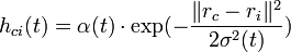 h_{ci}(t)=\alpha(t)\cdot\exp(-\frac{\|r_c-r_i\|^2}{2\sigma^2(t)})