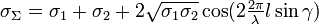 \sigma_\Sigma = \sigma_1 + \sigma_2 + 2\sqrt{\sigma_1\sigma_2}\cos(2\tfrac{2\pi}{\lambda}l\sin\gamma)