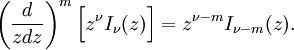 ~\left(\frac{d}{zdz}\right)^m\Bigl[z^\nu I_\nu(z) \Bigr]=z^{\nu-m} I_{\nu-m}(z).