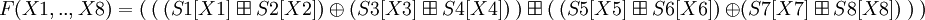 F(X1,..,X8)=(\ (\ (S1[X1]\ \boxplus\ S2[X2])\ \oplus\ (S3[X3]\ \boxplus\ S4[X4])\ )\ \boxplus\ (\ (S5[X5]\ \boxplus\ S6[X6])\ \oplus(S7[X7]\ \boxplus\ S8[X8])\ )\ )