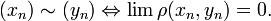 (x_n)\sim(y_n)\Leftrightarrow \lim\rho(x_{n}, y_n)=0.