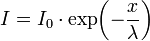  I = I_0 \cdot \exp\!\left( -\frac{x}{\lambda }\right)