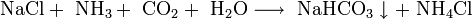 \mathrm{NaCl + \ NH_3 + \ CO_2 + \ H_2O \longrightarrow \ NaHCO_3 \downarrow + \ NH_4Cl}