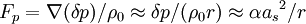 F_p = \nabla (\delta p) / \rho_0 \approx \delta p / (\rho_0 r) \approx \alpha {a_{s}}^2 / r