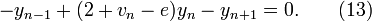 \! -y_{n-1}+(2+v_n-e)y_n-y_{n+1}=0. \qquad ( 13 )