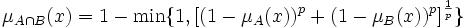 \mu_{A\cap B}(x) = 1 - \min\{1,[(1 - \mu_A(x))^p + (1 - \mu_B(x))^p]^{1\over p}\}\!