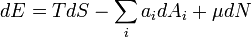 ~ dE = TdS - \sum_i a_i dA_i + \mu dN 