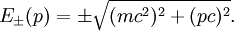 E_\pm (p) = \pm \sqrt{(mc^2)^2 + (pc)^2}.
