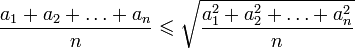 \frac{a_1+a_2+\ldots+a_n}{n}\leqslant\sqrt{\frac {a_1^2+ a_2^2+ \ldots+ a_n^2} {n}}