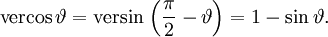 \operatorname{vercos}\,\vartheta = \operatorname{versin}\,\left(\frac{\pi}{2}-\vartheta\right)  = 1 - \sin\vartheta.