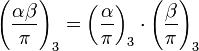 \left(\frac{\alpha\beta}{\pi}\right)_3=\left(\frac{\alpha}{\pi}\right)_3\cdot \left(\frac{\beta}{\pi}\right)_3