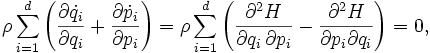 \rho\sum_{i=1}^d\left(\frac{\partial\dot{q}_i}{\partial q_i}+\frac{\partial\dot{p}_i}{\partial p_i}\right)=\rho\sum_{i=1}^d\left(\frac{\partial^2 H}{\partial q_i\,\partial p_i}-\frac{\partial^2 H}{\partial p_i \partial q_i}\right)=0,