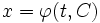x=\varphi(t,C)\!
